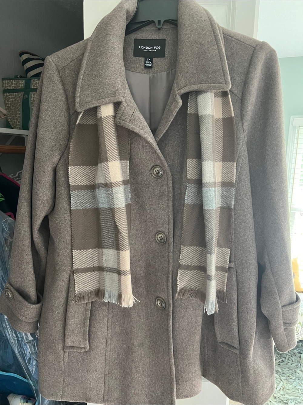 London Fog Taupe Wool-Blend Pea Coat with Plaid Scarf